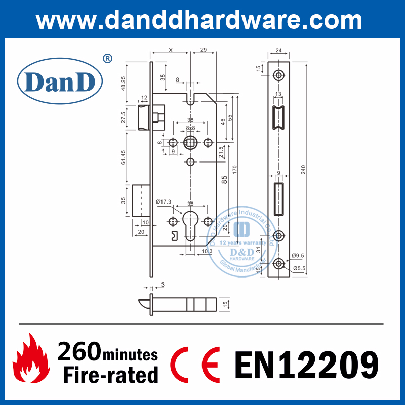 CE EN12209 Euro Fire Nenne Sash-Tür Gewerbliche Türschloss-DDML026